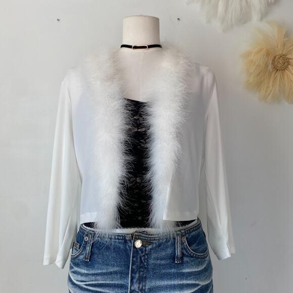 Calvin Klein Sweaters - Calvin Klein Womens Genuine Feather Trim Cardigan Size L Angelcore Fairy Y2K